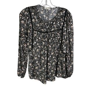 Mystree Blouse Women S Black Beige Boho Cottagecore Prairie Hippie Peasant Vneck